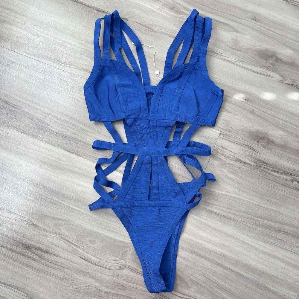 Bandage Strappy Blue One-Piece Swimsuit - Picture 2 of 3